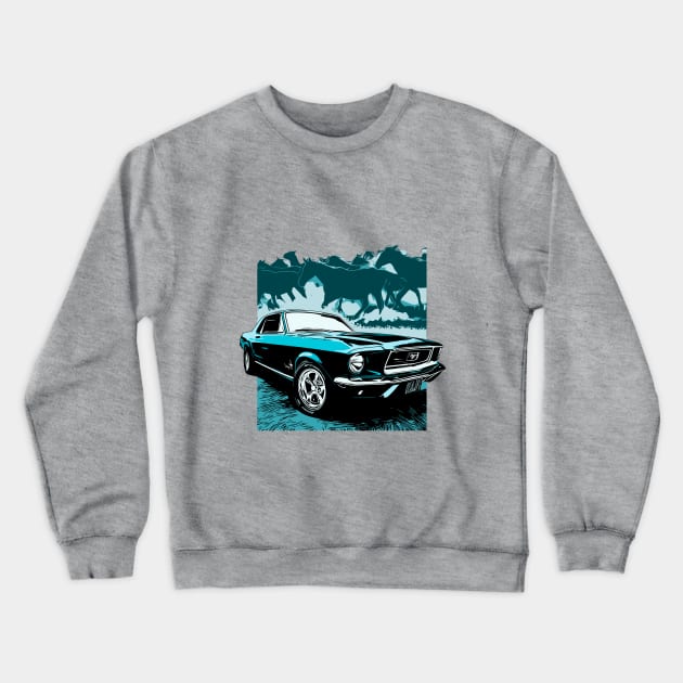 Blue 1968 Ford Mustang with Horses Crewneck Sweatshirt by ZoeysGarage